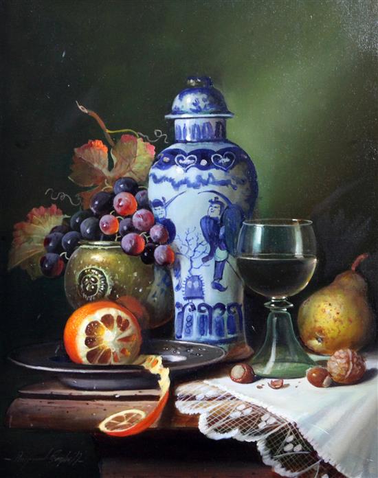 § Raymond Campbell (b.1956) Still life with fruit beside a delft vase 19.25 x 15.25in.